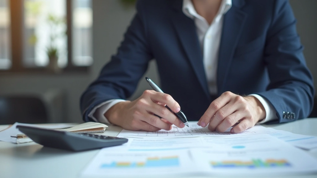 Профессиональное фото финансового консультирования на рабочем столе с документами и калькулятором